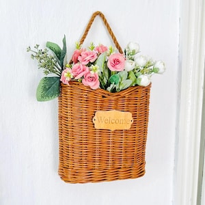 Hanging door basket for front door, Porch door basket for fresh or artificial flowers, Farmhouse wall decor, Rustic welcome sign