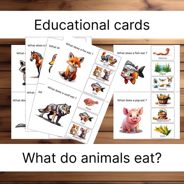 Educational cards, Learn what animals eat, Cute Animals flash cards, Printable ANIMAL Flash Cards for kids, Educational cards for preschool