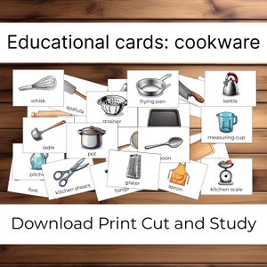 Küche Karteikarten für Kinder | Kochgeschirr Lernkarten | Küchenwerkzeuge Digitaler Download für das Vorschullernen | Kochen Karteikarten