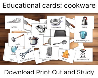 Educational cards, Cards for children with kitchen appliances and dishes, Cute cookware cards, Study cards, Nomenclature  Flash Cards, A4