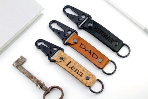 Black caribiner spring clip key fob, vegtan leather