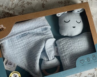 Geschenk Set für Babys, Halstuch Baby, Schmusetuch mit Name, Greifring, Hasenohren, Lätzchen, Beißring, Babygeschenk, Kuscheltuch mit Name