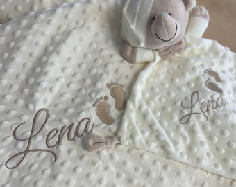 Babydecke mit Name, Schmusetuch bestickt, Geschenkset Babys, personalisierte Geschenke, Kinderwagendecke, Geschenke Geburt Taufe Babyparty