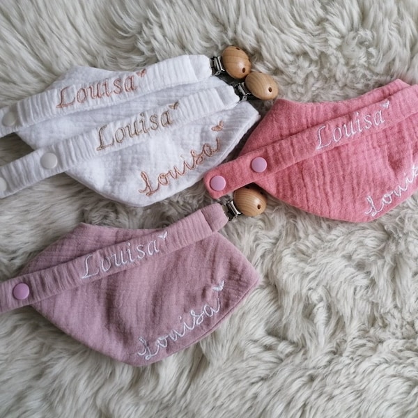 Schnullerkette mit Name, Halstuch Baby, Musselinhalstuch, Schnullerkette aus Stoff, Geschenke Geburt, Lätzchen, Dreieckstuch mit Name drauf