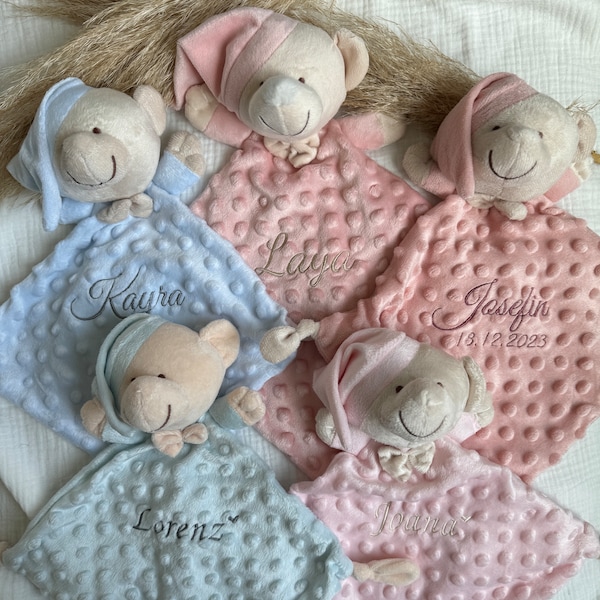 Schmusetuch mit Name, Schnuffeltuch, Kuscheltuch mit Name bestickt, Baby Geschenke Geburt Taufe Babyshower personalisiert, Mädchen Jungen