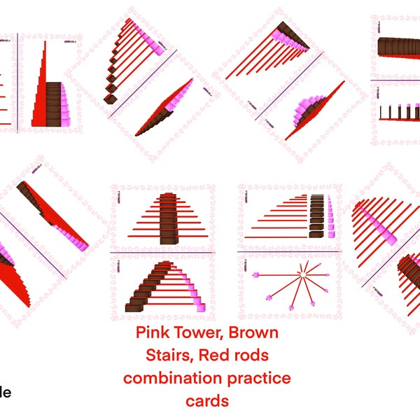 Montessori pink tower,brown stair,red rods working card. There are 16 different combination. Study and education.Printable.A4.US Letter.Pdf.