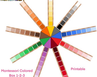 Montessori color tablets. Box 1_2_3 together. Printable Homeschool download.Preschool Game.PDF Sensory materials.Color wheel.