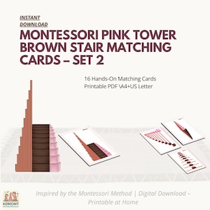 Montessori roze toren bruine trap rode staven kaarten – visuele matching-activiteit – afdrukbare pdf – A4- en US Letter-formaten