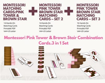 May include: A digital download featuring Montessori Pink Tower and Brown Stair matching cards. The image shows pink and brown blocks and stairs, along with matching cards. The text reads "Montessori Pink Tower & Brown Stair Combination Cards. 3 in 1 Set."