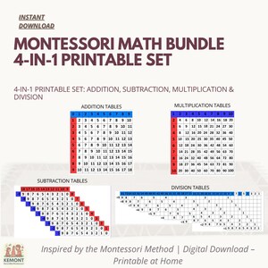 Paquete de matemáticas Montessori (PDF) / Tablas y tarjetas de suma, resta, multiplicación y división / Juego de aprendizaje visual imprimible para niños