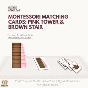 Schede di abbinamento Montessori Torre Rosa e Scala Marrone / 14 Combinazioni / Discriminazione Visiva / PDF Stampabile A4 + Lettera USA