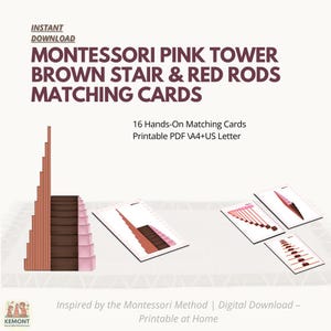 Roze montessoritoren, bruine trap, bijpassende kaarten rode staven (pdf-download)
