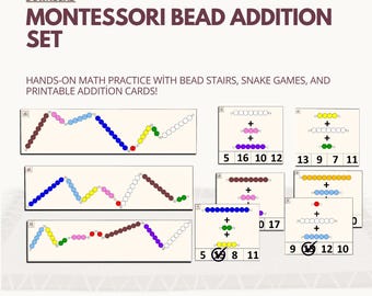May include: A digital Montessori Bead Addition Set with bead stairs, snake games, and printable addition cards. The image shows colorful bead stair representations and addition problems with numbers. The text reads "Instant Download" and "Printable at Home."