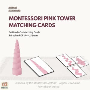 Cartões Montessori de torre rosa | Atividade de correspondência para impressão | PDF de aprendizagem pré-escolar | Habilidades motoras finas para crianças | Carta A4+EUA