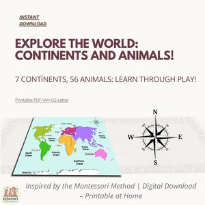 Continenten en dieren afdrukbaar | Activiteit Montessori-wereldkaart | Geografie-matchspel pdf | Educatief hulpmiddel voor thuisonderwijs