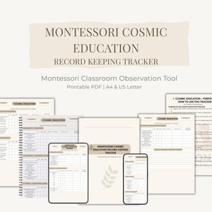 Puede incluir: Un conjunto de rastreadores de registro de educación cósmica Montessori en tonos beige. Los documentos incluyen gráficos, listas de verificación y guías. El título "Montessori Cosmic Education Record Keeping Tracker" se muestra en la parte superior. También se ve una tableta y un teléfono inteligente.