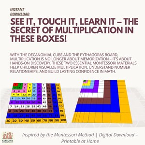 PDF imprimible de matemáticas Montessori / Tabla de cien + Cubo decimal / Tabla del sistema decimal / Materiales para educación en casa / A4 + Carta estadounidense