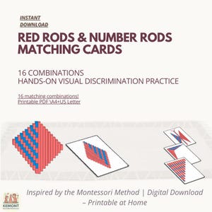 Tarjetas Montessori para combinar varillas rojas y azules / Actividad de discriminación visual / Material de estantería de matemáticas / PDF imprimible (tamaño A4, tamaño carta de EE. UU.)