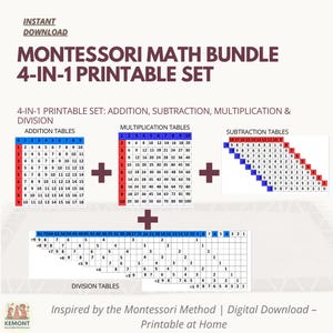 Pacchetto PDF di matematica Montessori / Tabelle e schede per addizione, sottrazione, moltiplicazione e divisione / Set di apprendimento visivo stampabile per bambini