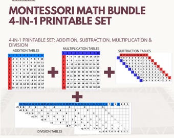 Montessori-wiskundebundel | Werkbladen voor optellen, aftrekken, vermenigvuldigen en delen | Afdrukbare pdf