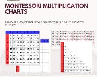 May include: Montessori multiplication charts with numbers 1-10 in a grid format. The charts are designed to build multiplication fluency. The image includes the text "Instant Download" and "Printable at Home".