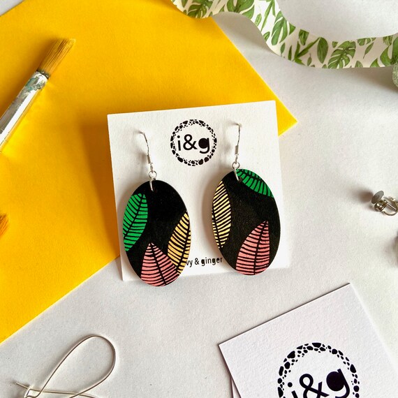 Leaf Print Oval dangles Hand Painted Wooden Earrings