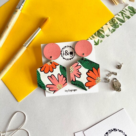 Statement Wild Flower Hexagon Dangles Hand Painted Wooden Earrings