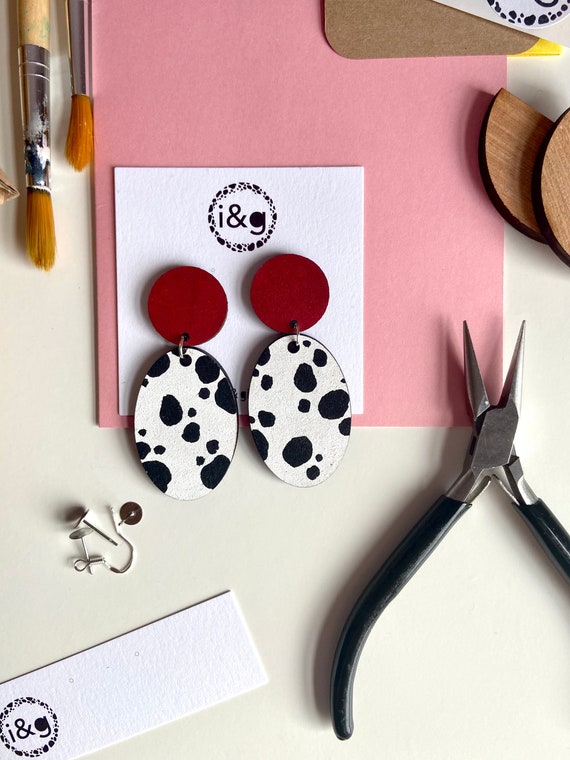 Red Dalmatian Print Wooden Dangle Earrings Stud Handpainted Animal Print Oval