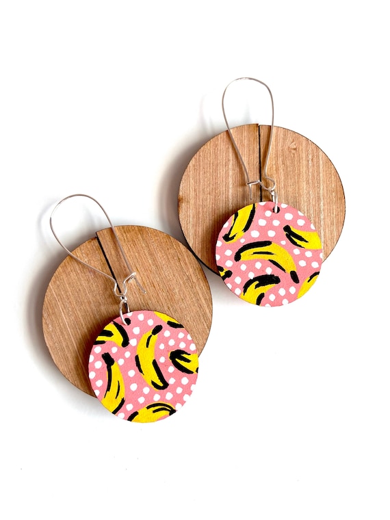 Pink Banana Graphic Drop Dangle Wooden Earrings Bright Fun Quirky Statement