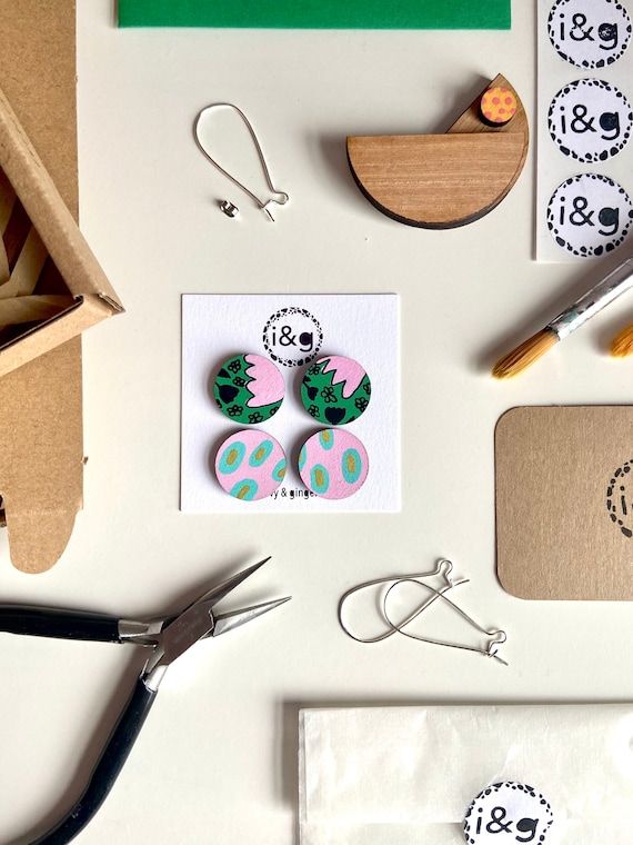 Green and Pink Flower Print Wooden Stud Earring Set Collection Gift Set