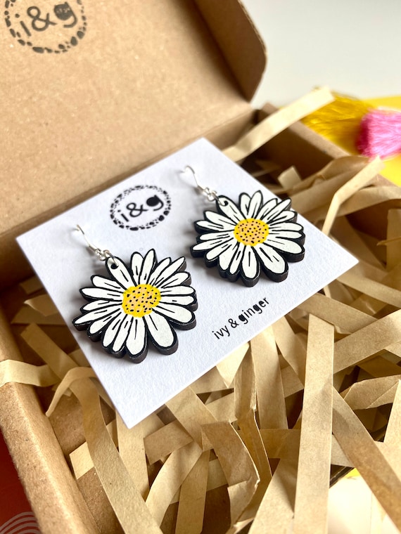 LIMITED EDITION Double sided hand painted wooden daisy dangle earrings summer