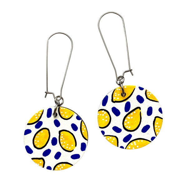 White Lemon Graphic Drop Dangle Wooden Earrings Bright Fun Quirky Statement