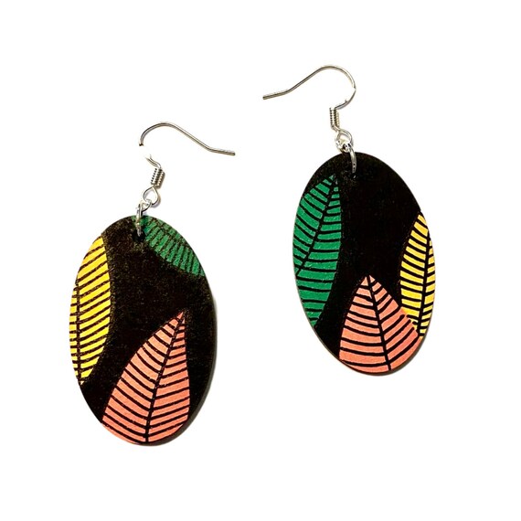 Leaf Print Oval dangles Hand Painted Wooden Earrings