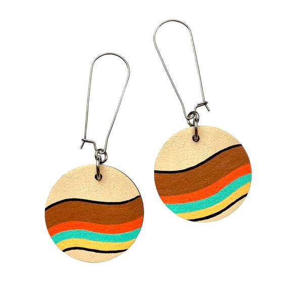 70s Brown Wave Drop Circle Hand Painted Wooden Earrings Etsy
