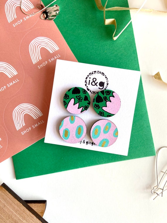 Green and Pink Flower Print Wooden Stud Earring Set Collection Gift Set