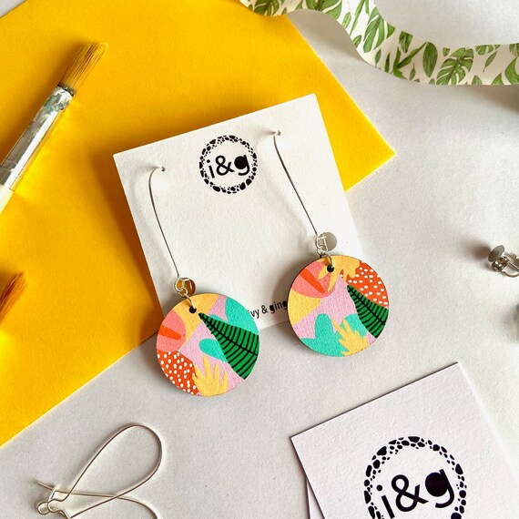 Abstract Tropical Circle dangles Hand Painted Wooden Earrings