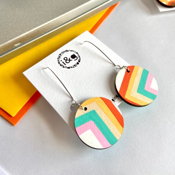 70’s Retro Angles Hand Painted Wooden Drop Earrings