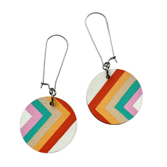 70’s Retro Angles Hand Painted Wooden Drop Earrings