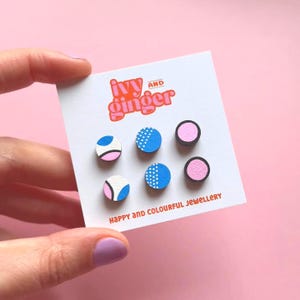 Hand Painted Mini Stud Earring Set: Pink, White and Blue, Geometric Jewellery, Colourful Earrings, Quirky Earrings, Surgical Steel, Fun Stud