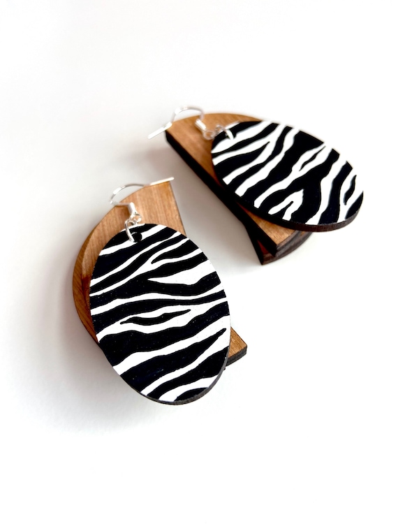 Zebra Oval Drop Dangle Earrings 925 Sterling Silver Hooks Bright Fun