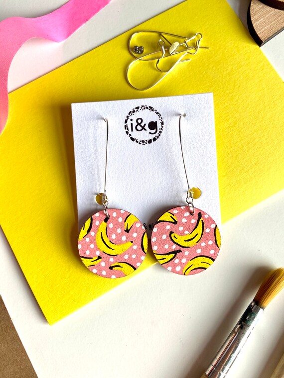 Pink Banana Graphic Drop Dangle Wooden Earrings Bright Fun Quirky Statement