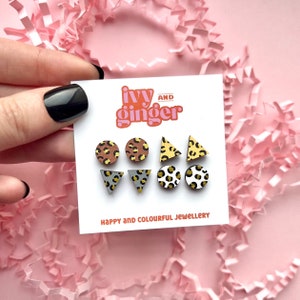 Leopard Print Wood Stud Earrings Set: Hand-Painted, Sensitive Ears