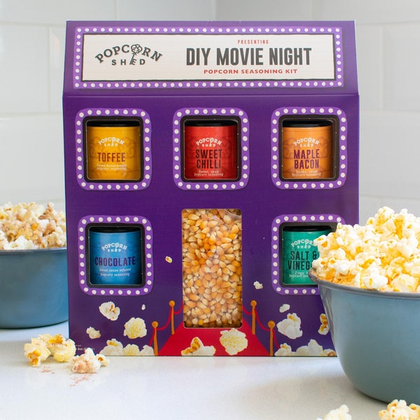 DIY Popcorn Seasonings Kit - Machen Sie Ihr eigenes Gourmet Popcorn - Filmabend im Geschenkset - Popcornkerne und 5 Gewürze