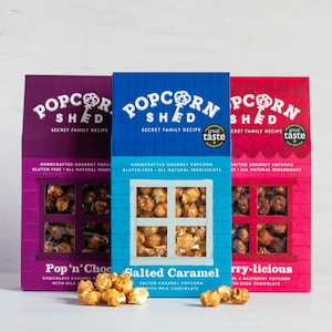 Popcorn-Auswahl für Schokoladenliebhaber - Drei Schokoladenpopcorn-Geschmacksrichtungen - Lebensmittelgeschenk - Schokoladengeschenkset