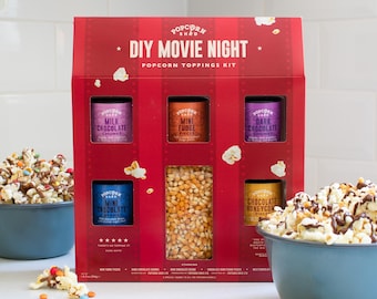 DIY Popcorn Toppings Kit - Make your own gourmet popcorn - Movie night in gift set - Popcorn kernels and 5 sweet toppings