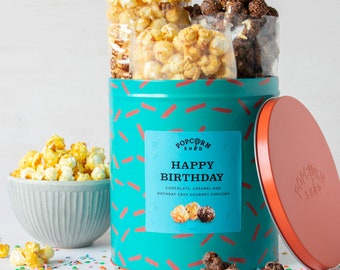 Happy Birthday Gourmet Popcorn Gift Tin - Three Popcorn Flavours - Foodie Gift - Unique Food Gift - Flavoured Popcorn - Birthday Gift