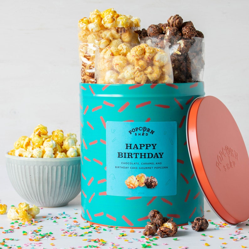 Happy Birthday Gourmet Popcorn Gift Tin Three Popcorn Flavours Foodie Gift Unique Food Gift Flavoured Popcorn Birthday Gift image 1