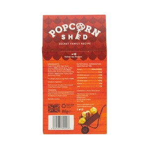 May include: A red, white, and blue box of popcorn with the words "Popcorn Shed" and "Secret Family Recipe" on the front. The back of the box lists the ingredients, nutritional information, and a warning that the popcorn may contain unpopped kernels. The box is 80 grams.