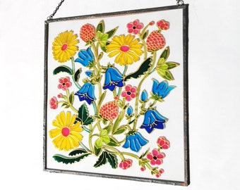 Botanical Sun Catcher Hanging Stain Glass Suncatcher Stain Glass for Window Decor Floral Glass Painting on Glass