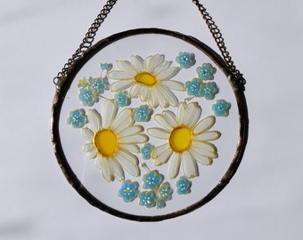 Daisies Suncatcher  Daisies Stain Glass Frame Forget-me-not Art Decor  for Window Hangings Sun catcher